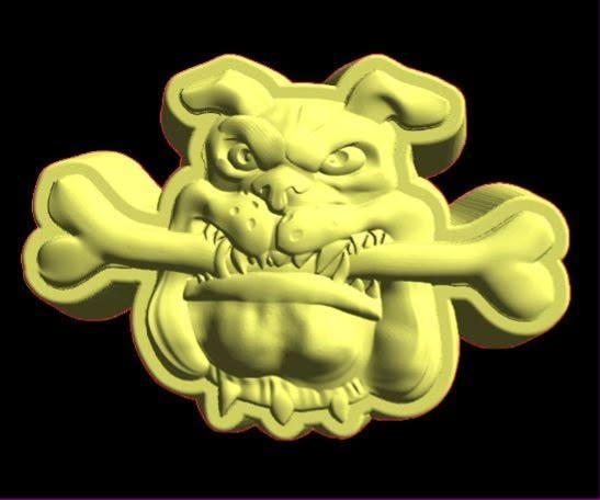 Bulldog mold, a scowling dog gripping a large bone crossways in his teeth