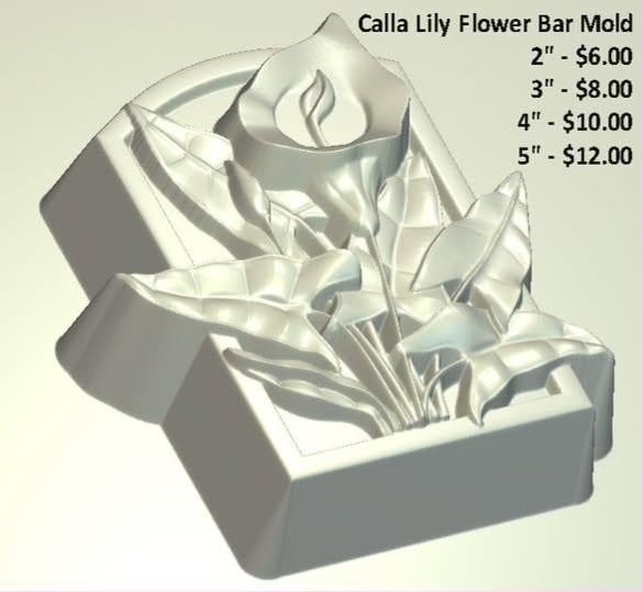 Calla lily bar mold, a lily rising from a rectangular soap bar in deep relief
