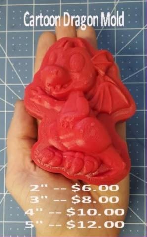 Cartoon dragon mold cast in red, a round-bellied dragon with small folded wings