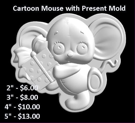 Cartoon mouse mold holding a wrapped present and a wedge of cheese