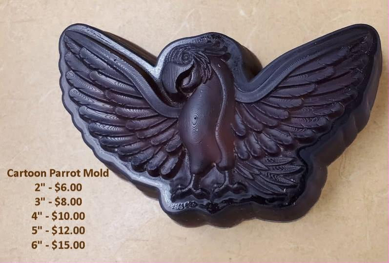 Cartoon parrot mold with both wings thrown wide, cast in dark brown