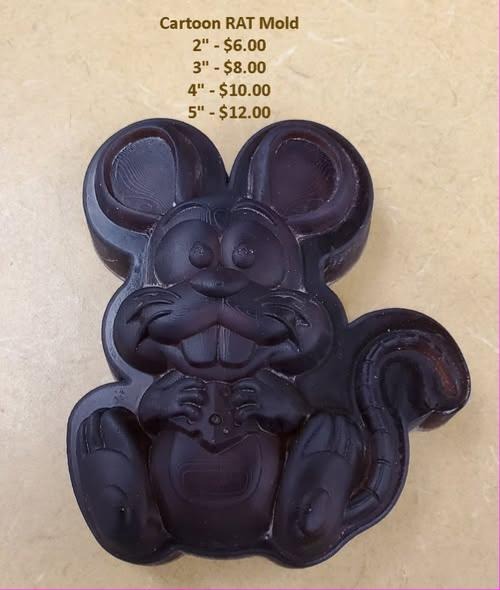 Cartoon rat mold cast in dark brown, sitting up with its tail curled beside it