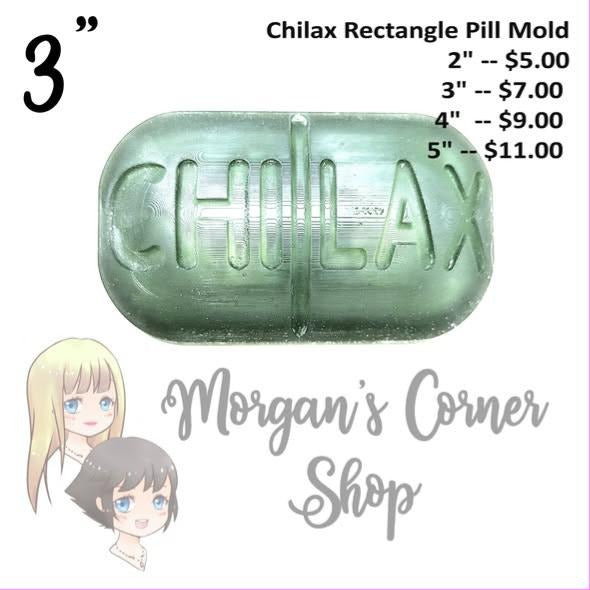 Chilax pill mold, an oversized rectangular pill embossed with the word CHILAX