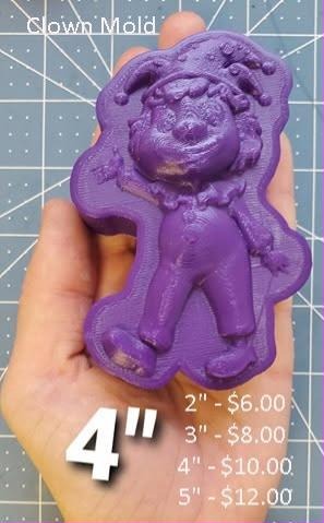 Purple cast of a circus clown with curly hair, a ruffled collar and big shoes