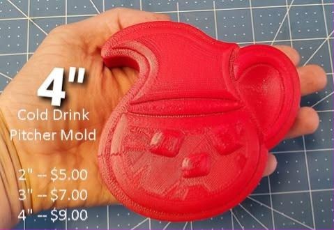 Mold of a round bellied drink pitcher with a curved handle and a smiling face