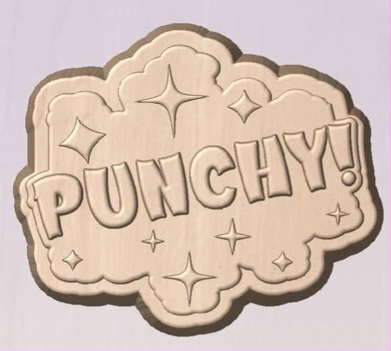 Mold of the word PUNCHY in comic capitals inside a cloud burst with sparkles