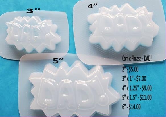 Clear plastic molds of the word DAD in comic capitals inside a spiked starburst