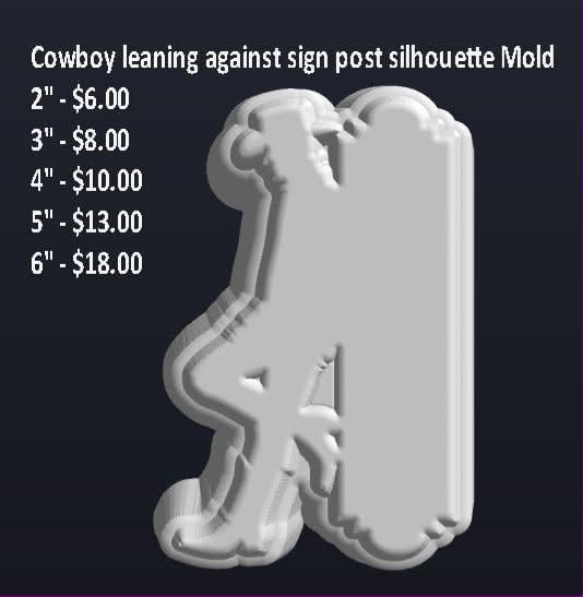 Mold of a cowboy silhouette leaning against a sign post with his boots crossed
