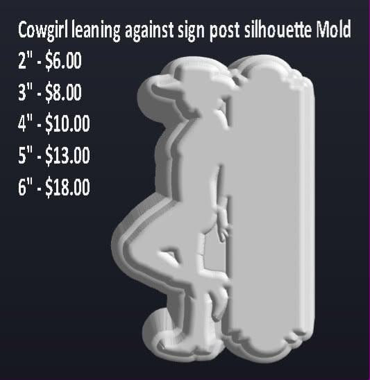 Mold of a cowgirl silhouette leaning against a sign post with her boots crossed