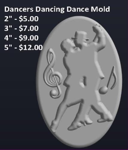 Mold of two dancers mid step on an oval plaque with a treble clef and music notes