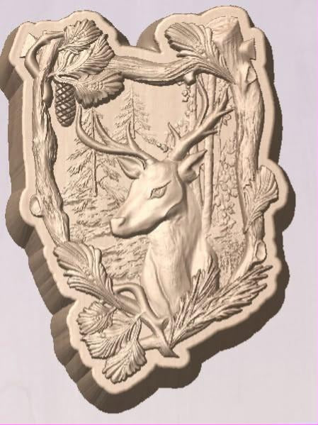 Mold of a buck's head with antlers framed by fir boughs and pinecones
