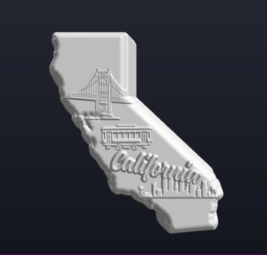 Mold of the California state outline with the Golden Gate Bridge and a cable car