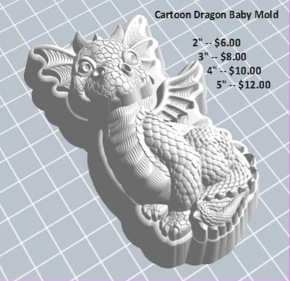 Mold of a chubby cartoon baby dragon with a horned frill and scaled tail