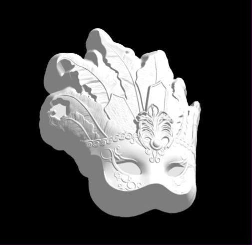 Mold of a masquerade eye mask with a spray of feathers and scrollwork