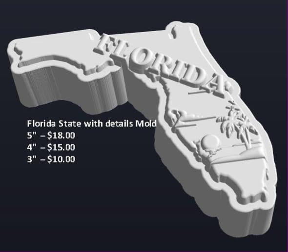 Mold of the Florida state outline with palm trees, a beach and raised lettering