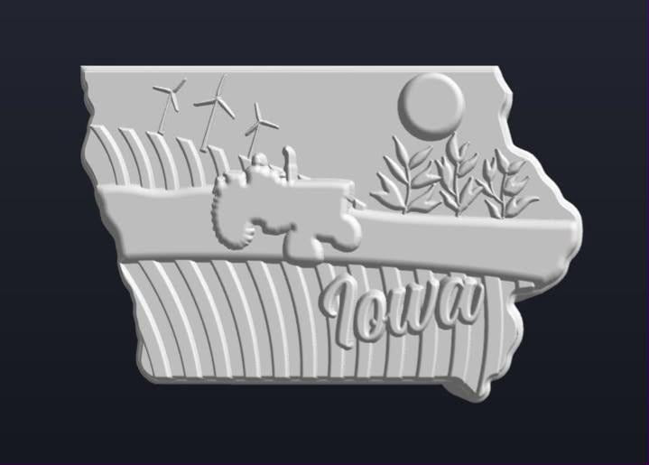 Mold of the Iowa state outline with wind turbines, a tractor and crop rows