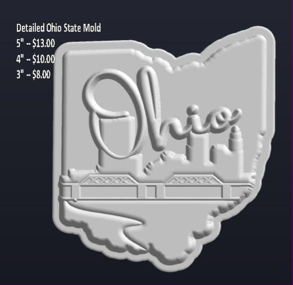Mold of the Ohio state outline with script lettering, a skyline and a river bridge
