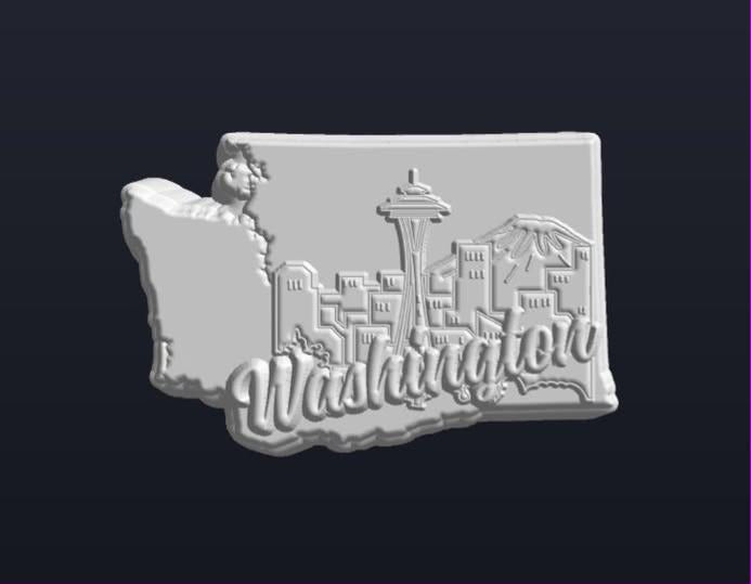 Mold of the Washington state outline with the Space Needle and a city skyline