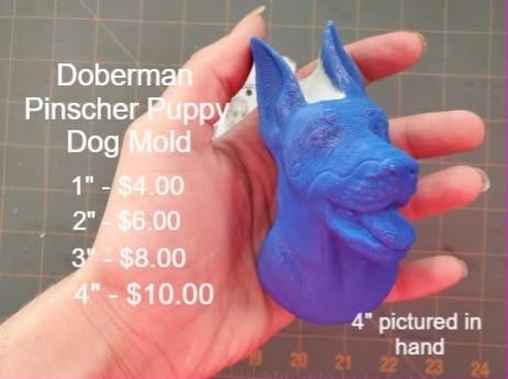Blue cast of a doberman puppy head with cropped upright ears