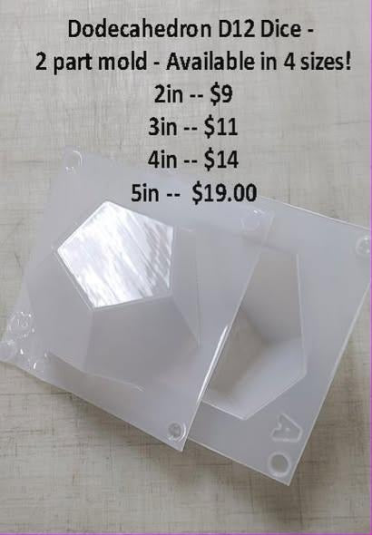 Two halves of a clear plastic mold for a twelve sided dodecahedron dice
