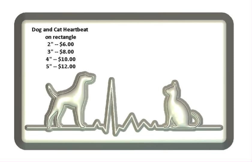 Mold of a dog and cat joined by a heartbeat line on a rectangular plaque