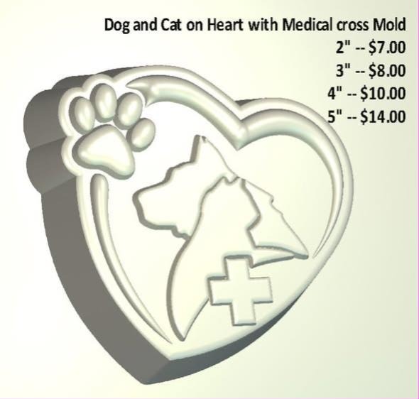 Mold of a dog and cat inside a heart outline with a paw print and medical cross