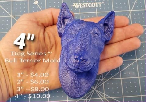 Purple cast of a bull terrier head with an egg shaped face and pointed ears