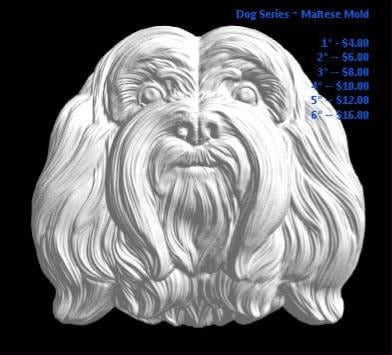 Mold of a Maltese dog head with a centre parted coat hanging in long sheets