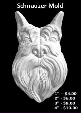 Mold of a schnauzer dog head with bushy eyebrows and a long beard
