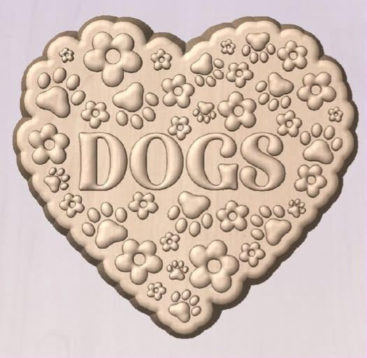 Mold of a heart filled with paw prints and flowers with DOGS across the middle