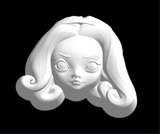 Mold of a doll's face with long wavy hair and oversized round eyes