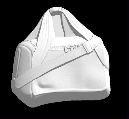 Mold of a soft duffel bag with a top zip, carry handles and a shoulder strap