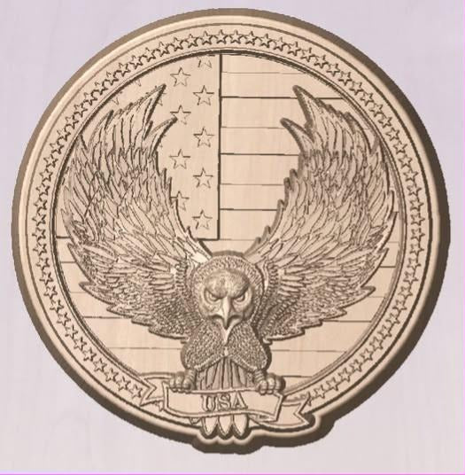 Mold of a bald eagle with spread wings over a flag holding a USA banner