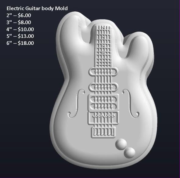 Electric guitar body mold with twin f-holes, ribbed pickups, a strung bridge and two control knobs.