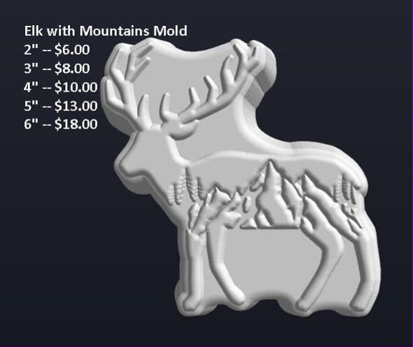 Elk mold, bull elk standing in profile with branching antlers and a mountain ridge behind.