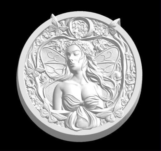 Round fairy medallion mold, winged fairy in profile framed by blossoms, butterflies and a crescent moon