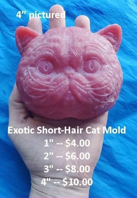 Cast mold of a flat-faced Exotic Short-Hair cat head with round eyes and full cheek fur