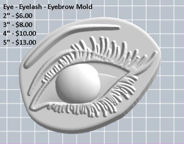 Mold of an almond eye with a domed iris, a fan of long eyelashes and a thick arched brow.