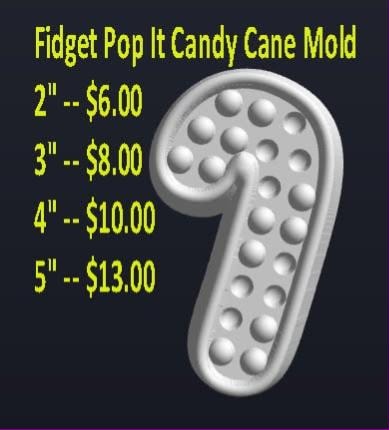 Candy cane mold covered in rows of round pop-it style bubbles, shown in grey.