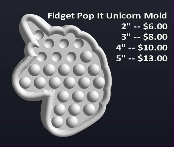 Unicorn head bubble fidget mold with horn, mane and rows of round dimples inside a raised outline