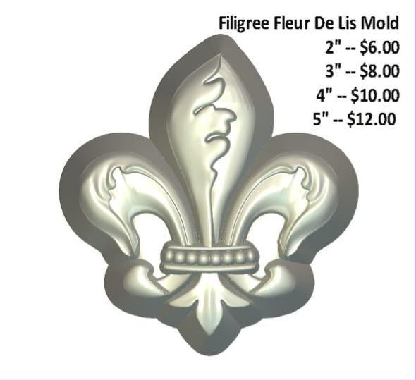 Ornate filigree fleur de lis mold in pearl cream, three scrolled plumes above a beaded band