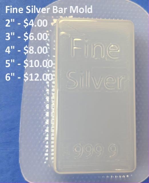 Clear silicone Fine Silver bar mold, a bevelled ingot stamped Fine Silver and .999 9