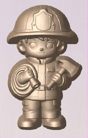 Cartoon firefighter mold in helmet and turnout coat holding a hose and an axe, cast in tan.