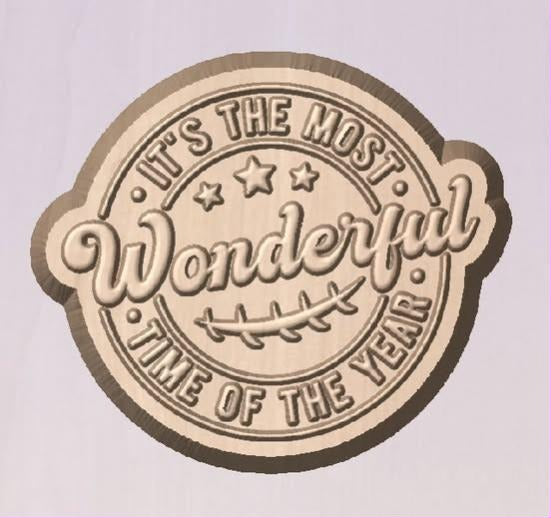 Round football badge mold: It's the Most arched above, a large Wonderful script, laces, and Time of the Year below.