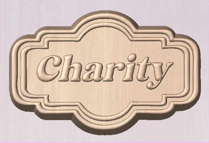 Ornate scalloped plaque mold with a stepped border and the word Charity in flowing script.
