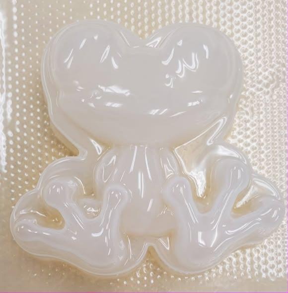 Clear plastic frog mold cavity showing a squat frog with bulging eyes and splayed webbed feet