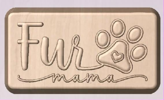 Fur Mama plaque mold in tan, looping script lettering beside a paw print with a heart pad