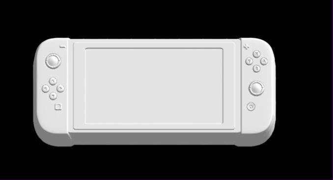 Handheld game console mold with a wide flat screen and a controller grip on either side.