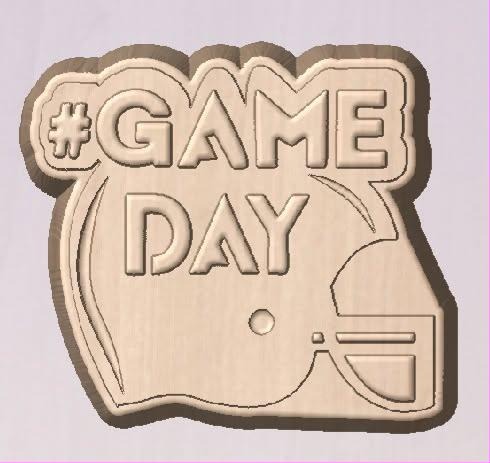 Football helmet mold in profile with facemask and earhole, hashtag GAME DAY in outlined block capitals.