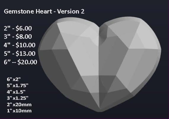 Faceted low-poly gemstone heart mold render, broad flat planes meeting at hard edges